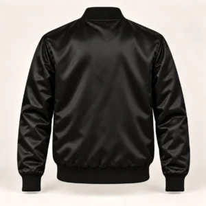 Men’s Solid Black Satin Varsity Jacket — back view
