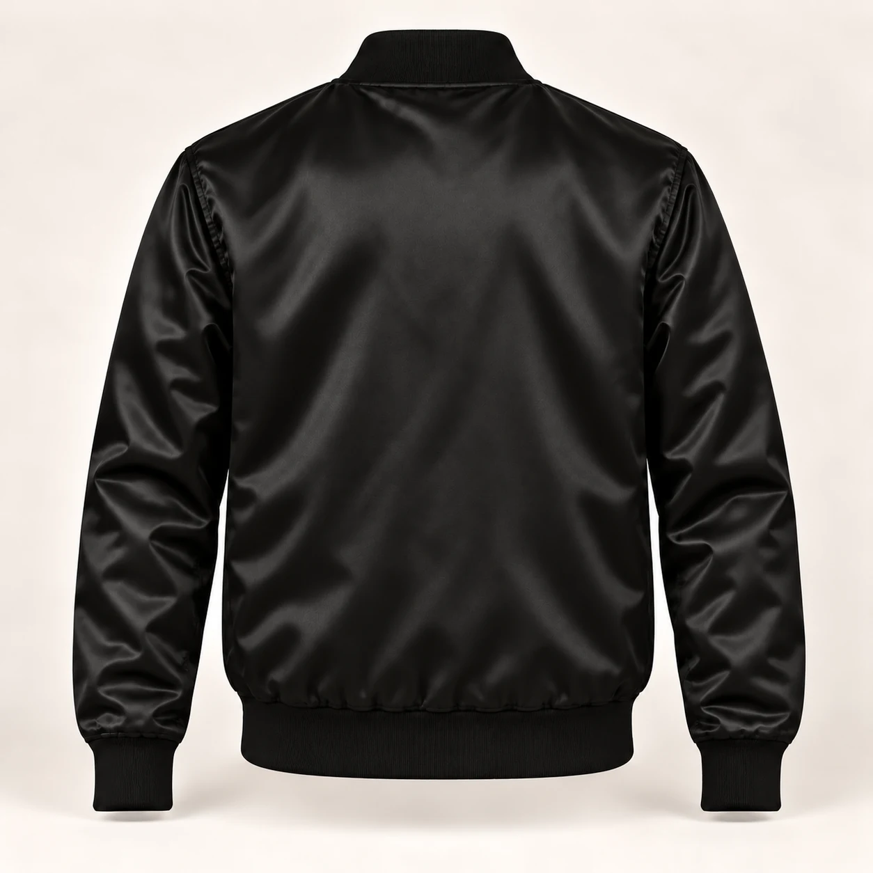 Men’s Solid Black Satin Varsity Jacket — back view