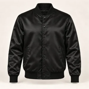 Men’s Solid Black Satin Varsity Jacket — front view