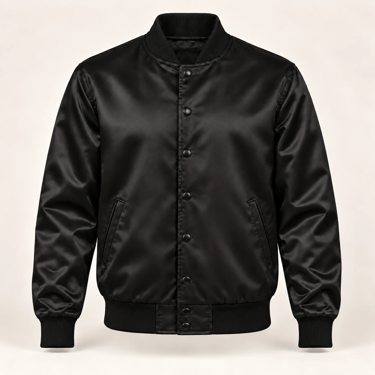 Men’s Solid Black Satin Varsity Jacket — front view