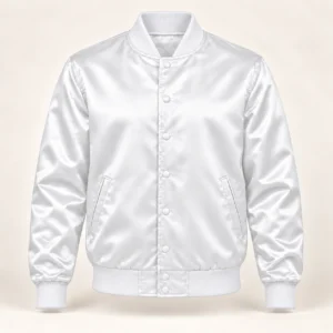 Men’s Solid White Satin Varsity Jacket — front view