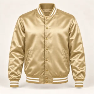 Men’s Vegas Gold Satin Varsity Jacket – White Stripe Trim — front view