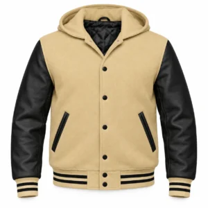 Men's Vegas Gold Wool / Black Leather Hooded Varsity Jacket — front view