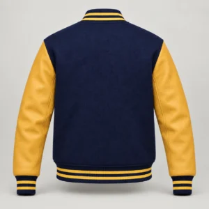 Navy Wool and Gold Leather Varsity Jacket, back view