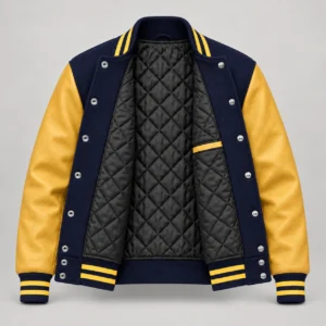 Navy Wool and Gold Leather Varsity Jacket, open black quilted lining with one left interior pocket and steel snap backs