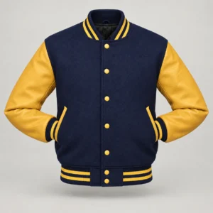 Navy Wool and Gold Leather Varsity Jacket, front with sleeves tucked into outer pockets