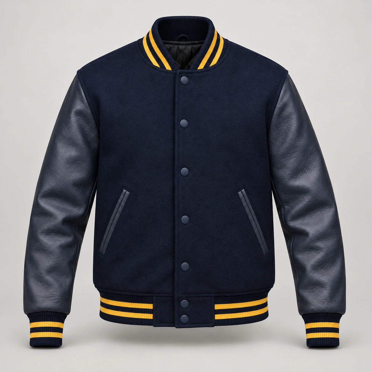 Navy Wool and Navy Leather Varsity Jacket – Gold Trim, front view