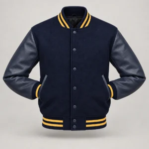 Navy Wool and Navy Leather Varsity Jacket – Gold Trim, front with sleeves tucked into outer pockets