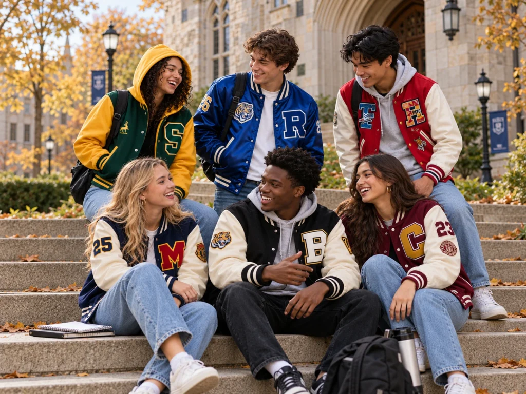 Six friends wearing personalized varsity and letterman jackets on campus steps