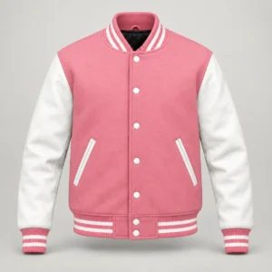 Pink Wool and White Leather Varsity Jacket, front view