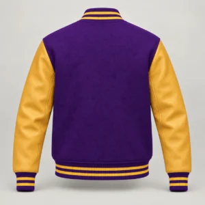 Purple Wool and Gold Leather Varsity Jacket, back view