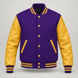Purple Wool and Gold Leather Varsity Jacket, front view