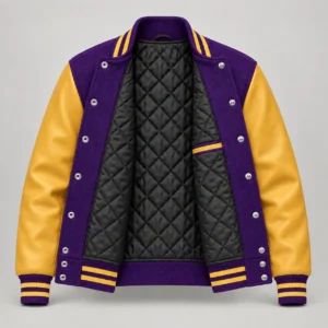 Purple Wool and Gold Leather Varsity Jacket, open black quilted lining with one left interior pocket and steel snap backs
