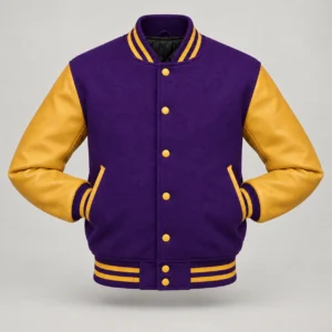 Purple Wool and Gold Leather Varsity Jacket, front with sleeves tucked into outer pockets
