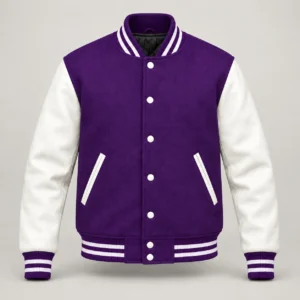 Purple Wool and White Leather Varsity Jacket, front view