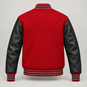 Red Wool and Black Leather Varsity Jacket, back view