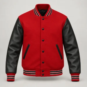 Red Wool and Black Leather Varsity Jacket, front view