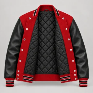 Red Wool and Black Leather Varsity Jacket, open black quilted lining with one left interior pocket and steel snap backs