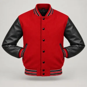 Red Wool and Black Leather Varsity Jacket, front with sleeves tucked into outer pockets