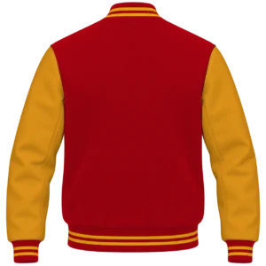 Red wool and gold leather varsity jacket, back view