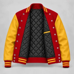 Red wool and gold leather varsity jacket, open view showing black quilted lining, an interior pocket and steel snap backs