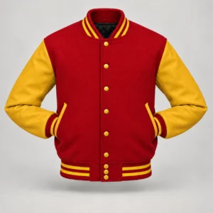 Red wool and gold leather varsity jacket, front view with sleeves tucked into pockets
