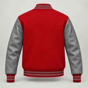 Red Wool and Grey Leather Varsity Jacket, back view
