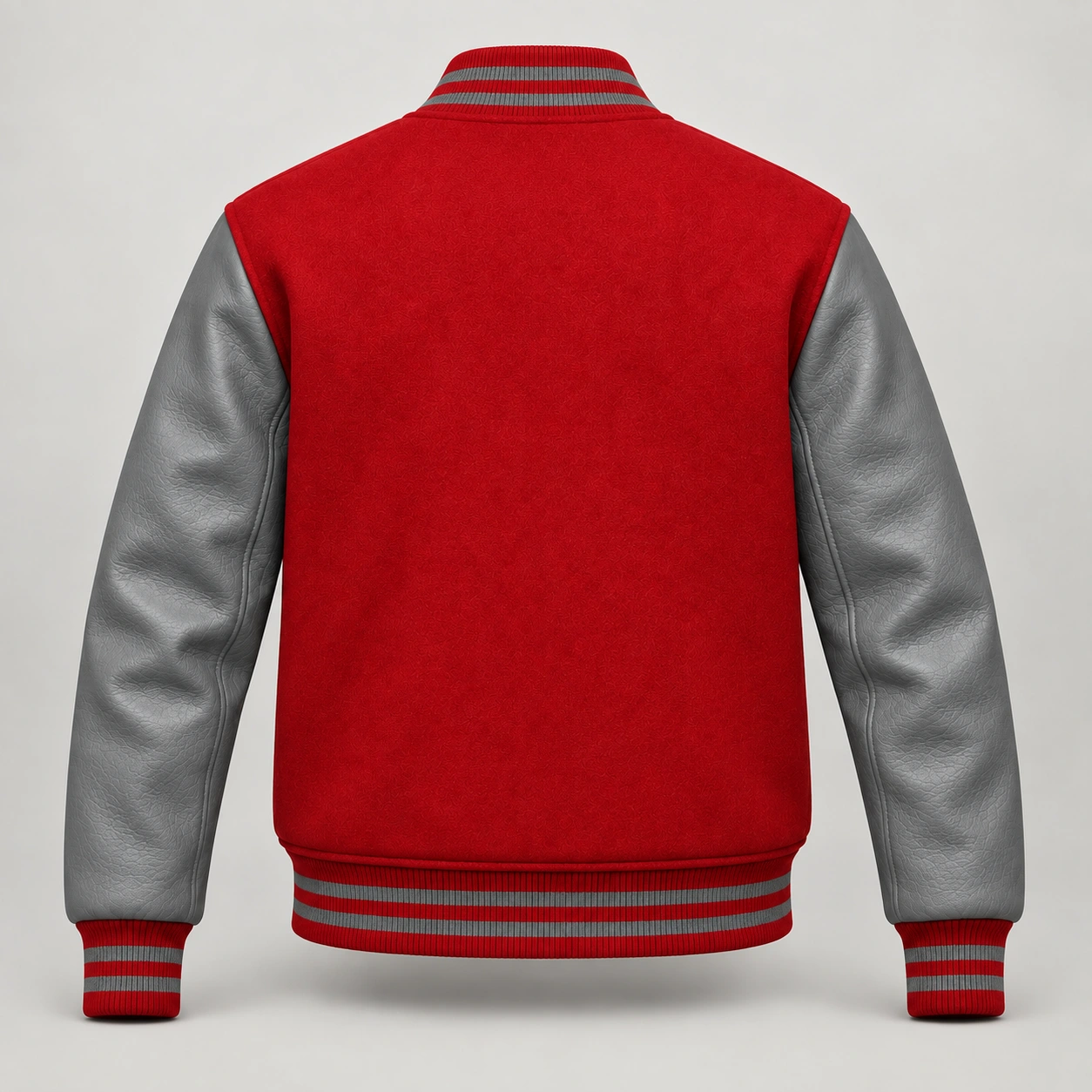 Red Wool and Grey Leather Varsity Jacket, back view