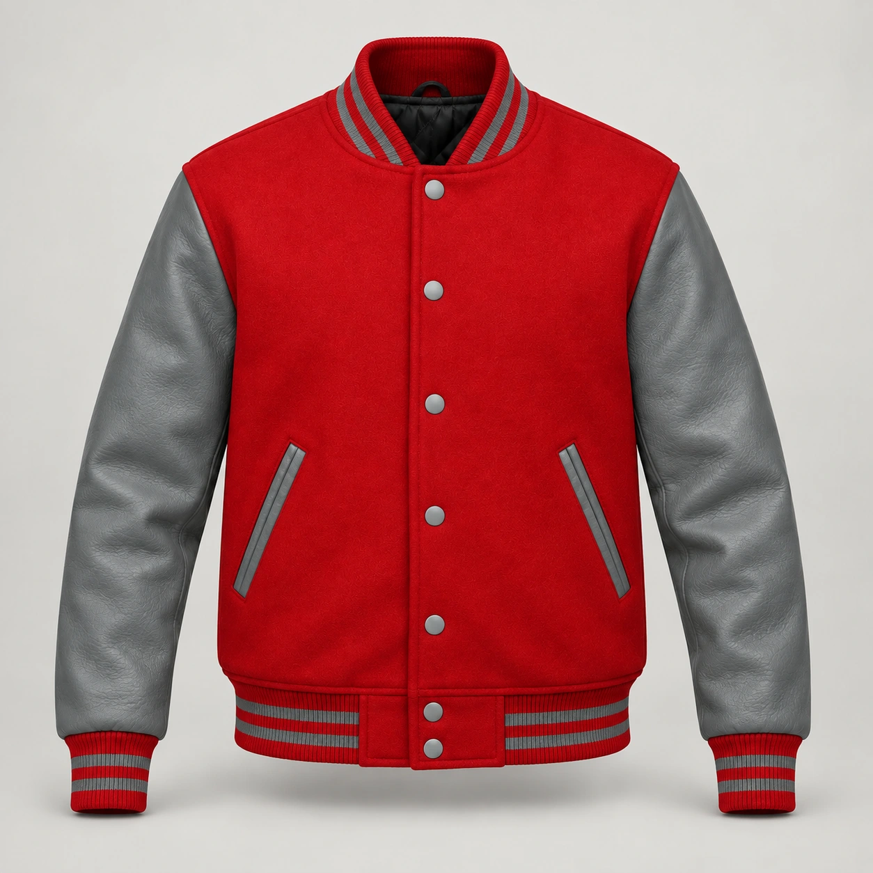 Red Wool and Grey Leather Varsity Jacket, front view