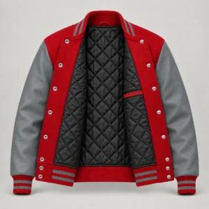 Red Wool and Grey Leather Varsity Jacket, open black quilted lining with one left interior pocket and steel snap backs