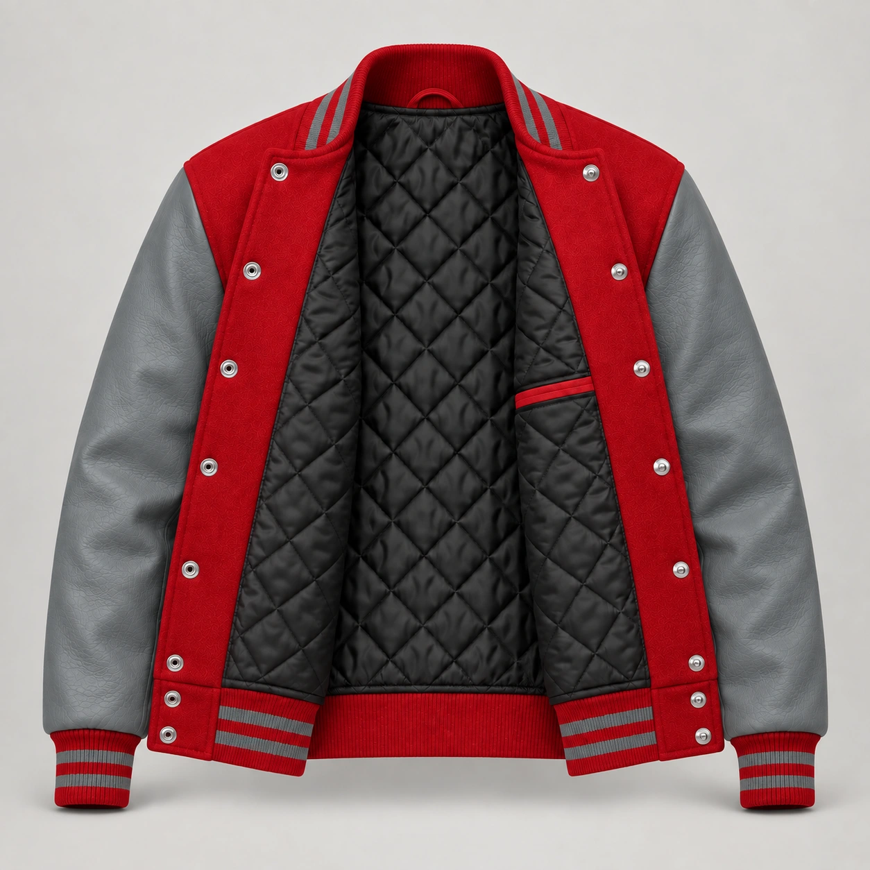 Red Wool and Grey Leather Varsity Jacket, open black quilted lining with one left interior pocket and steel snap backs