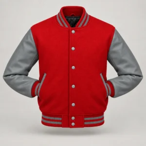 Red Wool and Grey Leather Varsity Jacket, front with sleeves tucked into outer pockets