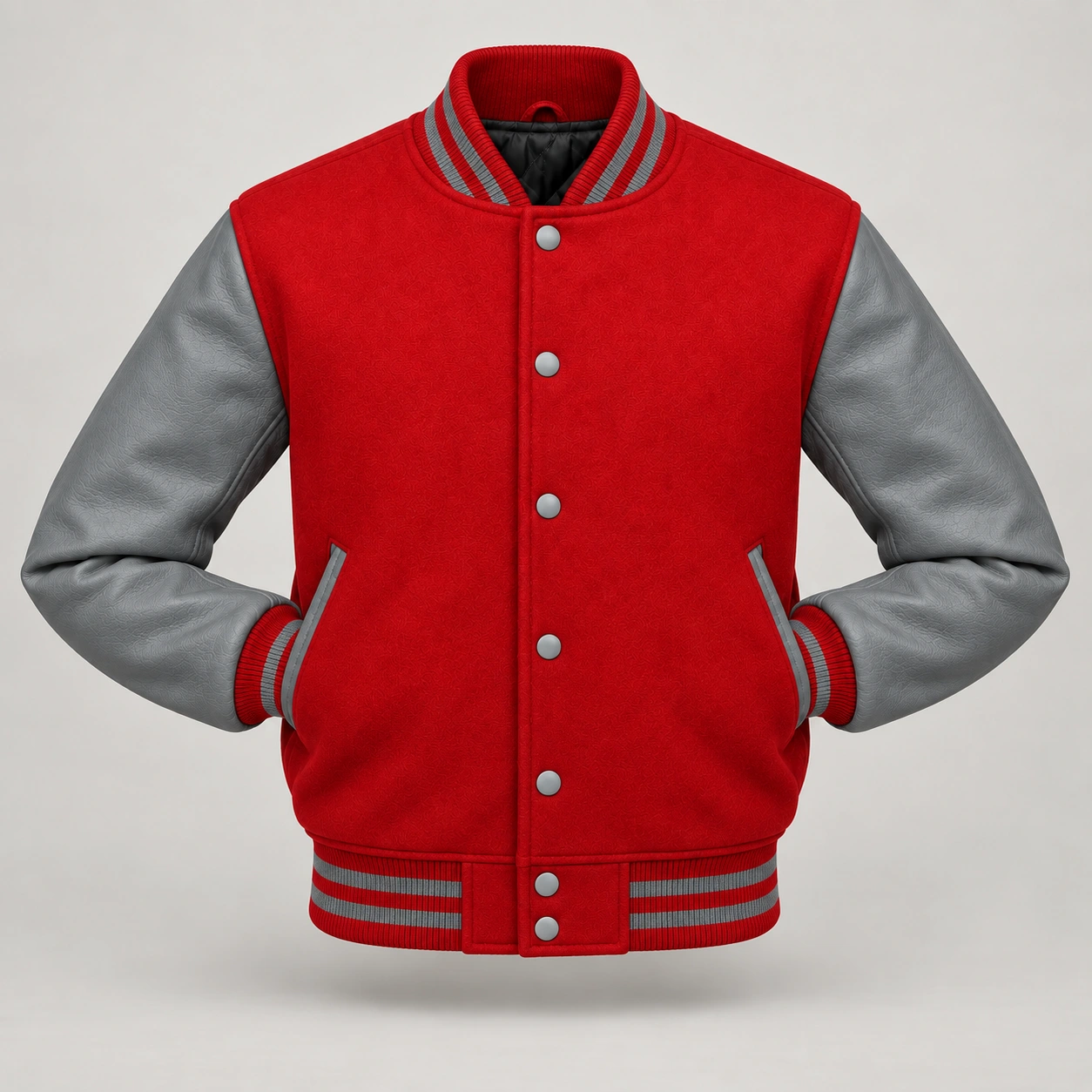 Red Wool and Grey Leather Varsity Jacket, front with sleeves tucked into outer pockets