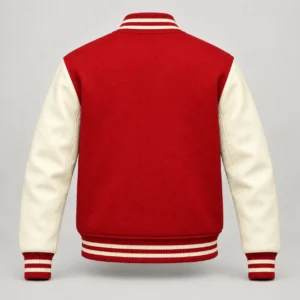 Red Wool and Natural Leather Varsity Jacket, back view