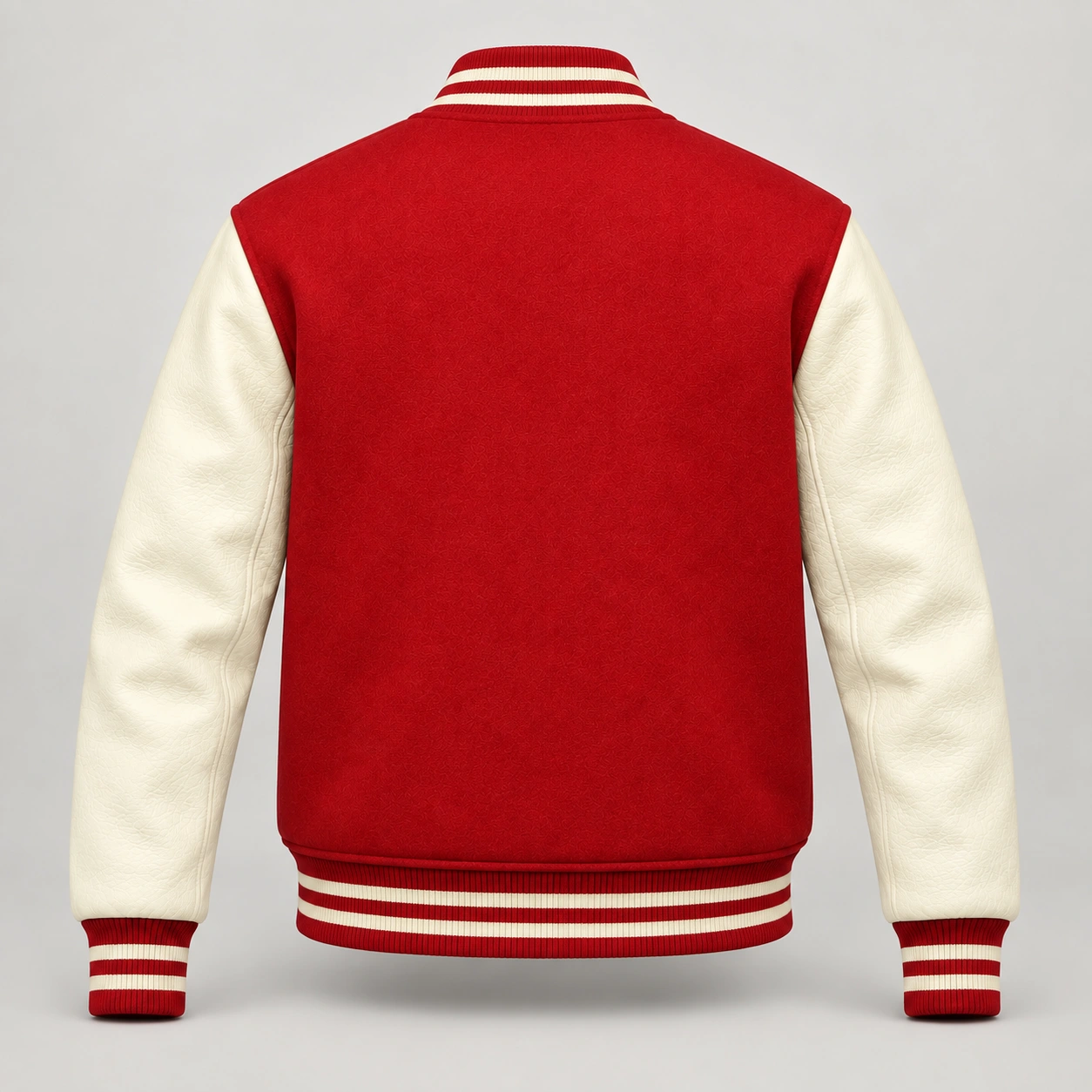 Red Wool and Natural Leather Varsity Jacket, back view