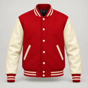 Red Wool and Natural Leather Varsity Jacket, front view