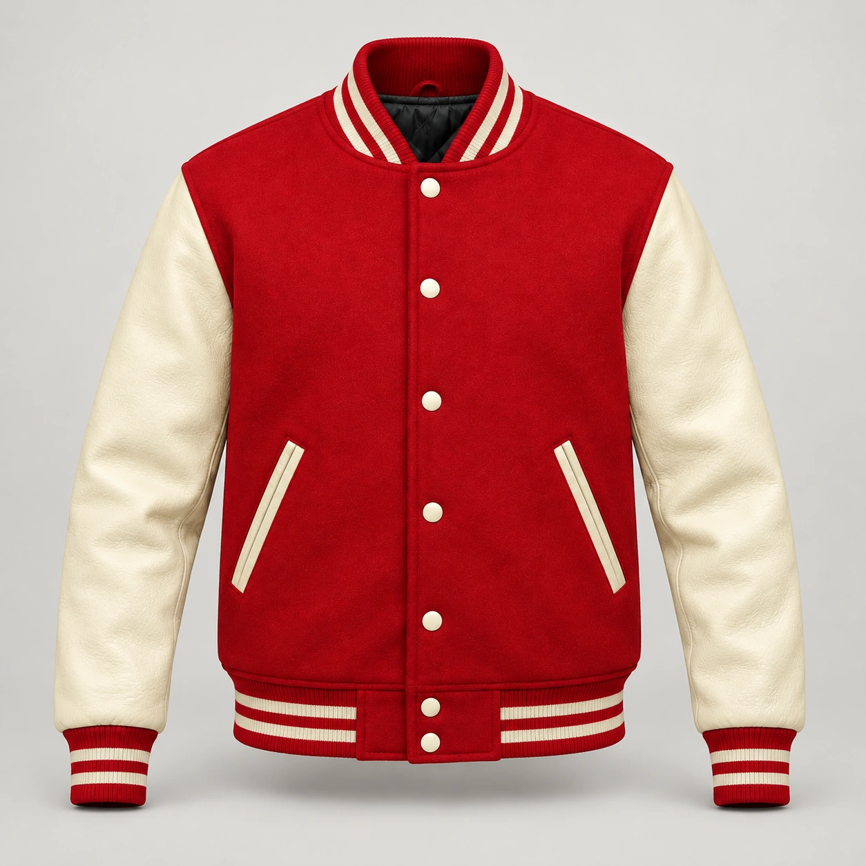 Red Wool and Natural Leather Varsity Jacket, front view