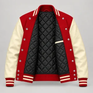 Red Wool and Natural Leather Varsity Jacket, open black quilted lining with one left interior pocket and steel snap backs