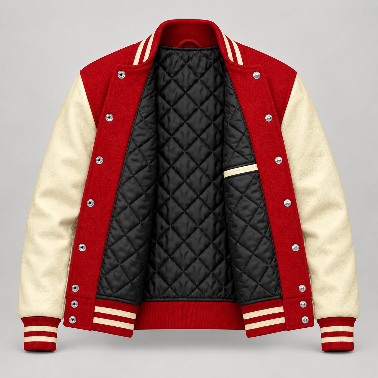 Red Wool and Natural Leather Varsity Jacket, open black quilted lining with one left interior pocket and steel snap backs