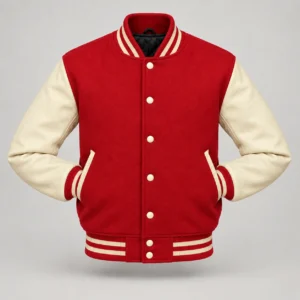 Red Wool and Natural Leather Varsity Jacket, front with sleeves tucked into outer pockets