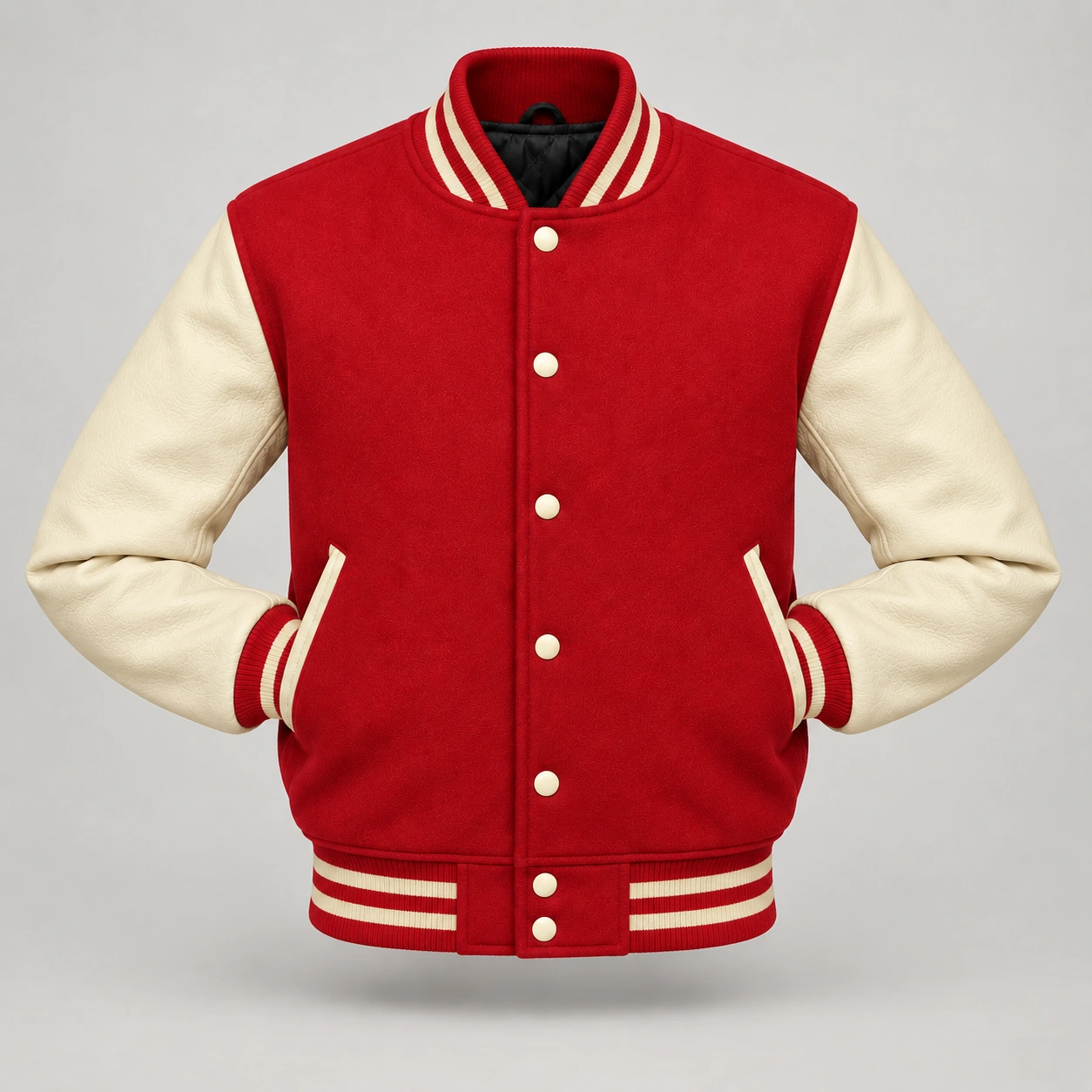Red Wool and Natural Leather Varsity Jacket, front with sleeves tucked into outer pockets