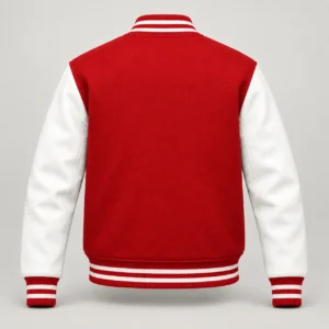 Red Wool and White Leather Varsity Jacket, back view
