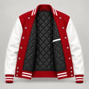 Red Wool and White Leather Varsity Jacket, open black quilted lining with one left interior pocket and steel snap backs