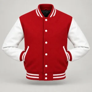 Red Wool and White Leather Varsity Jacket, front with sleeves tucked into outer pockets