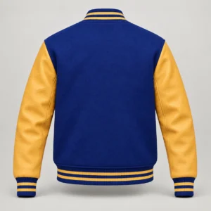 Royal Blue Wool and Gold Leather Varsity Jacket, back view