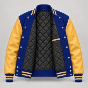 Royal Blue Wool and Gold Leather Varsity Jacket, open black quilted lining with one left interior pocket and steel snap backs