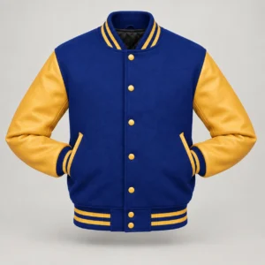 Royal Blue Wool and Gold Leather Varsity Jacket, front with sleeves tucked into outer pockets