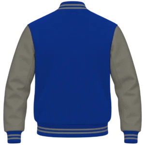 Royal blue wool and grey leather varsity jacket, back view