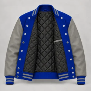 Royal blue wool and grey leather varsity jacket, open view showing black quilted lining, an interior pocket and steel snap backs
