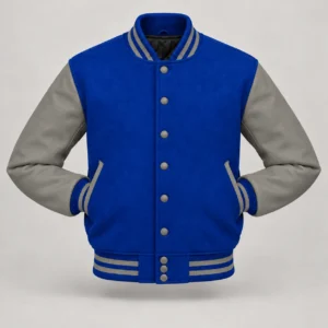 Royal blue wool and grey leather varsity jacket, front view with sleeves tucked into pockets